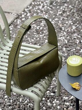 Olive Croc-Embossed Leather Shoulder Bag - New
